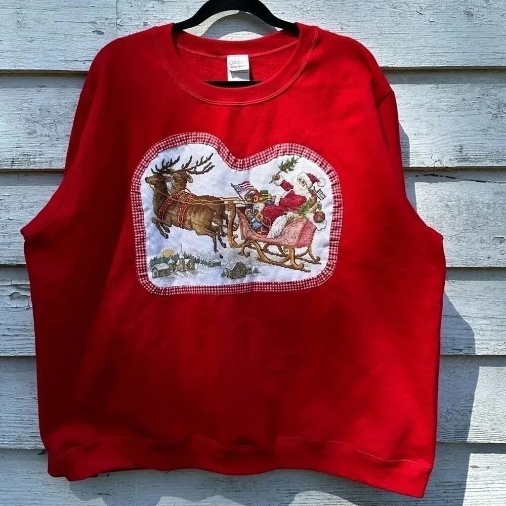 Vintage handmade Santa embroidered Cute collared‎ grandma sweatshirt plus size